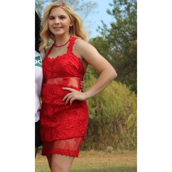 Dresses | Red Lace Homecoming Bodycon Dress | Poshmark